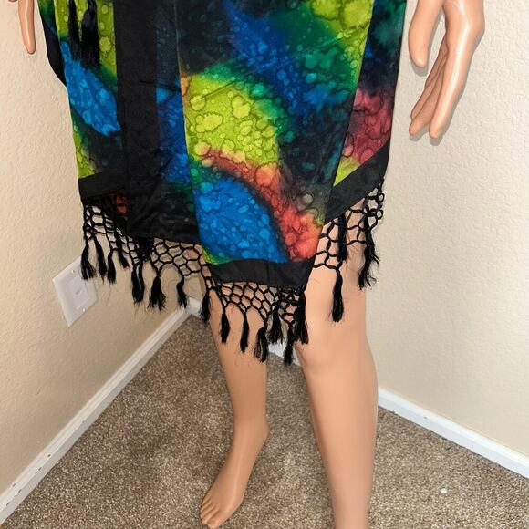 Large scarf satin colorful tasseled edges swim coverup summer lightweight - Picture 3 of 5